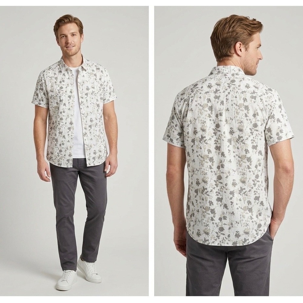 VRST‎ Men's Floral Shirt Large Cream Gray Short Sleeve Relaxed Fit Performance